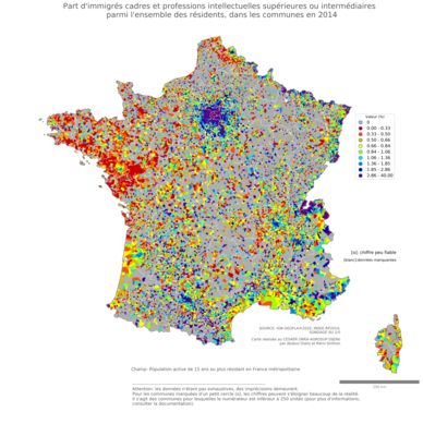 Part d'immigrés cadres et professions intellectuelles supérieures ou intermédiaires parmi l'ensemble des résidents - com2014
Mots-clés: immigration;profession;classes supérieures;communes