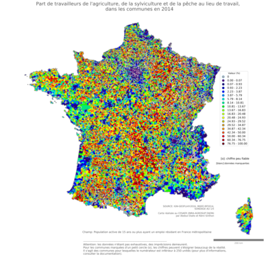 Part de travailleurs de l'agriculture, de la sylviculture et de la pêche au lieu de travail - com2014
Mots-clés: secteur d-activité;lieu de travail;communes