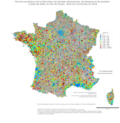 Part de travailleurs de la fabrication de denrées alimentaires, de boissons et de produits à base de tabac au lieu de travail - com2014
Mots-clés: secteur d-activité;lieu de travail;communes