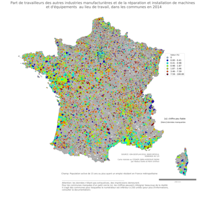 Part de travailleurs des autres industries manufacturières et de la réparation et installation de machines et d'équipements au lieu de travail - com2014
Mots-clés: secteur d-activité;lieu de travail;communes