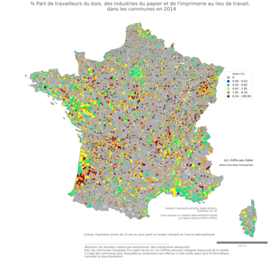 % Part de travailleurs du bois, des industries du papier et de l'imprimerie au lieu de travail - com2014
Mots-clés: secteur d-activité;lieu de travail;communes