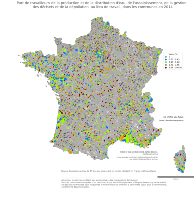 Part de travailleurs de la production et de la distribution d'eau, de l'assainissement, de la gestion des déchets et de la dépollution au lieu de travail - com2014
Mots-clés: secteur d-activité;lieu de travail;communes