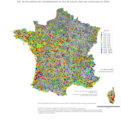 Part de travailleurs de l'enseignement au lieu de travail - com2014
Mots-clés: secteur d-activité;lieu de travail;fonction publique ou indépendance;communes