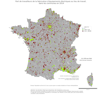 Part de travailleurs de la fabrication d'équipements électriques au lieu de travail - com2014
Mots-clés: secteur d-activité;lieu de travail;communes