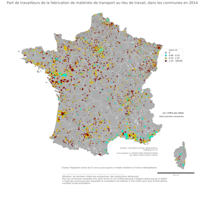 Part de travailleurs de la fabrication de matériels de transport au lieu de travail - com2014
Mots-clés: secteur d-activité;lieu de travail;communes