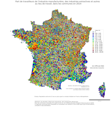 Part de travailleurs de l'industrie manufacturière, des industries extractives et autres au lieu de travail - com2014
Mots-clés: secteur d-activité;lieu de travail;communes