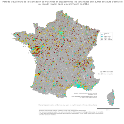 Part de travailleurs de la fabrication de machines et équipements (ne tenant pas aux autres secteurs d'activité) au lieu de travail - com2014
Mots-clés: secteur d-activité;lieu de travail;communes