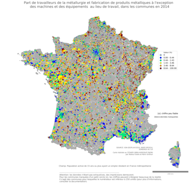 Part de travailleurs de la métallurgie et fabrication de produits métalliques à l'exception des machines et des équipements au lieu de travail - com2014
Mots-clés: secteur d-activité;lieu de travail;communes