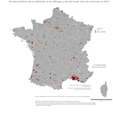 Part de travailleurs de la cokéfaction et du raffinage au lieu de travail - com2014
Mots-clés: secteur d-activité;lieu de travail;communes