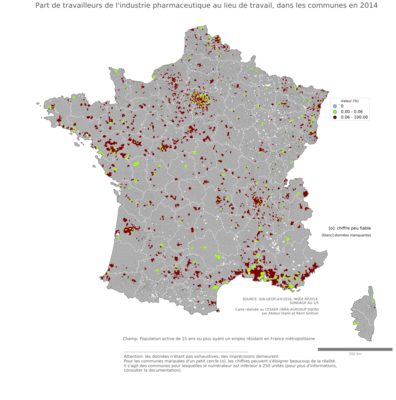 Part de travailleurs de l'industrie pharmaceutique au lieu de travail - com2014
Mots-clés: secteur d-activité;lieu de travail;communes