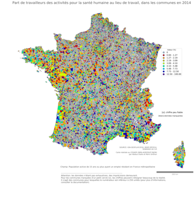 Part de travailleurs des activités pour la santé humaine au lieu de travail - com2014
Mots-clés: secteur d-activité;lieu de travail;fonction publique ou indépendance;communes