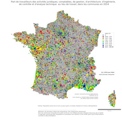 Part de travailleurs des activités juridiques, comptables, de gestion, d'architecture, d'ingénierie, de contrôle et d'analyse technique au lieu de travail - com2014
Mots-clés: secteur d-activité;lieu de travail;communes