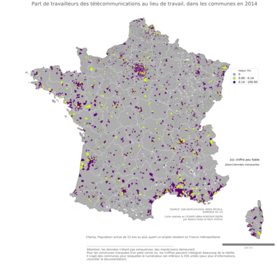 Part de travailleurs des télécommunications au lieu de travail - com2014
Mots-clés: secteur d-activité;lieu de travail;communes