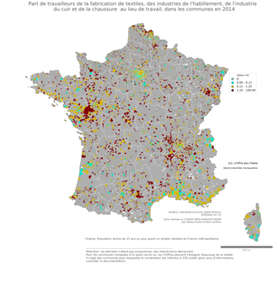 Part de travailleurs de la fabrication de textiles, des industries de l'habillement, de l'industrie du cuir et de la chaussure au lieu de travail - com2014
Mots-clés: secteur d-activité;lieu de travail;communes