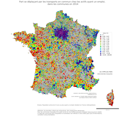 Part se déplaçant par les transports en commun chez les actifs ayant un emploi - com2014
Mots-clés: transports;communes