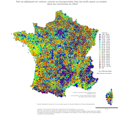 Part se déplaçant en voiture, camion ou fourgonnette chez les actifs ayant un emploi - com2014
Mots-clés: transports;communes