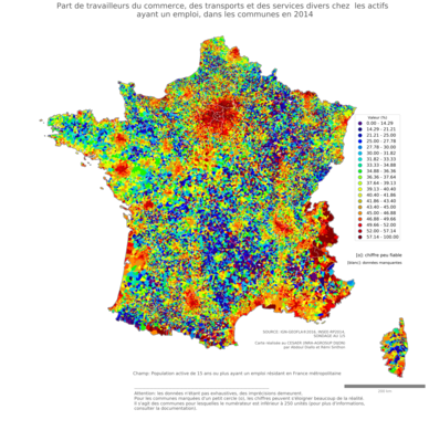 Part de travailleurs du commerce, des transports et des services divers chez les actifs ayant un emploi - com2014
Mots-clés: secteur d-activité;communes