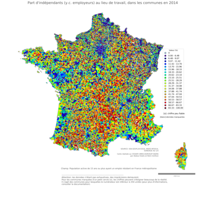 Part d'indépendants (y.c. employeurs) au lieu de travail - com2014
Mots-clés: profession;lieu de travail;fonction publique ou indépendance;communes