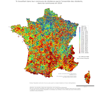 % travaillant dans leur commune de résidence parmi l'ensemble des résidents - com2014
Mots-clés: résidence et logement;communes