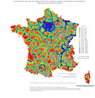 % travaillant hors de leur département de résidence parmi l'ensemble des résidents - com2014
Mots-clés: résidence et logement;communes