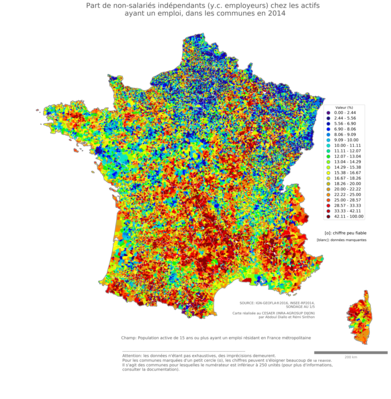 Part de non-salariés indépendants chez les actifs ayant un emploi, dans les communes en 2014
Mots-clés: conditions de travail et d&#039;emploi;fonction publique ou indépendance