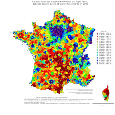 Revenu fiscal net moyen de référence par foyer fiscal, dans les bassins de vie et leurs villes-centres en 2006
Mots-clés: Revenu;fiscal;bassins de vie