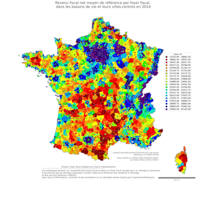 Revenu fiscal net moyen de référence par foyer fiscal, dans les bassins de vie et leurs villes-centres en 2014
Mots-clés: Revenu;fiscal;bassins de vie